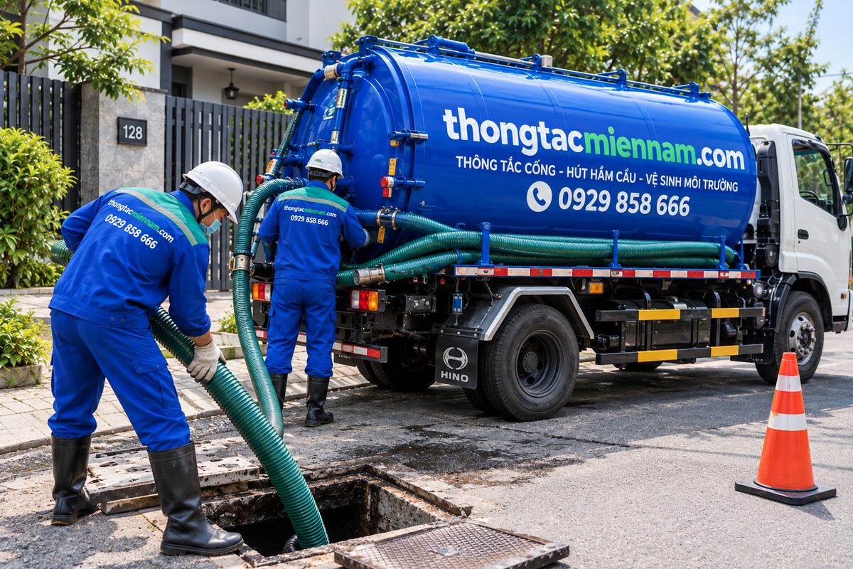 Đội ngũ thongtacmiennam.com hút hầm cầu tại nhà dân bằng xe chuyên dụng
