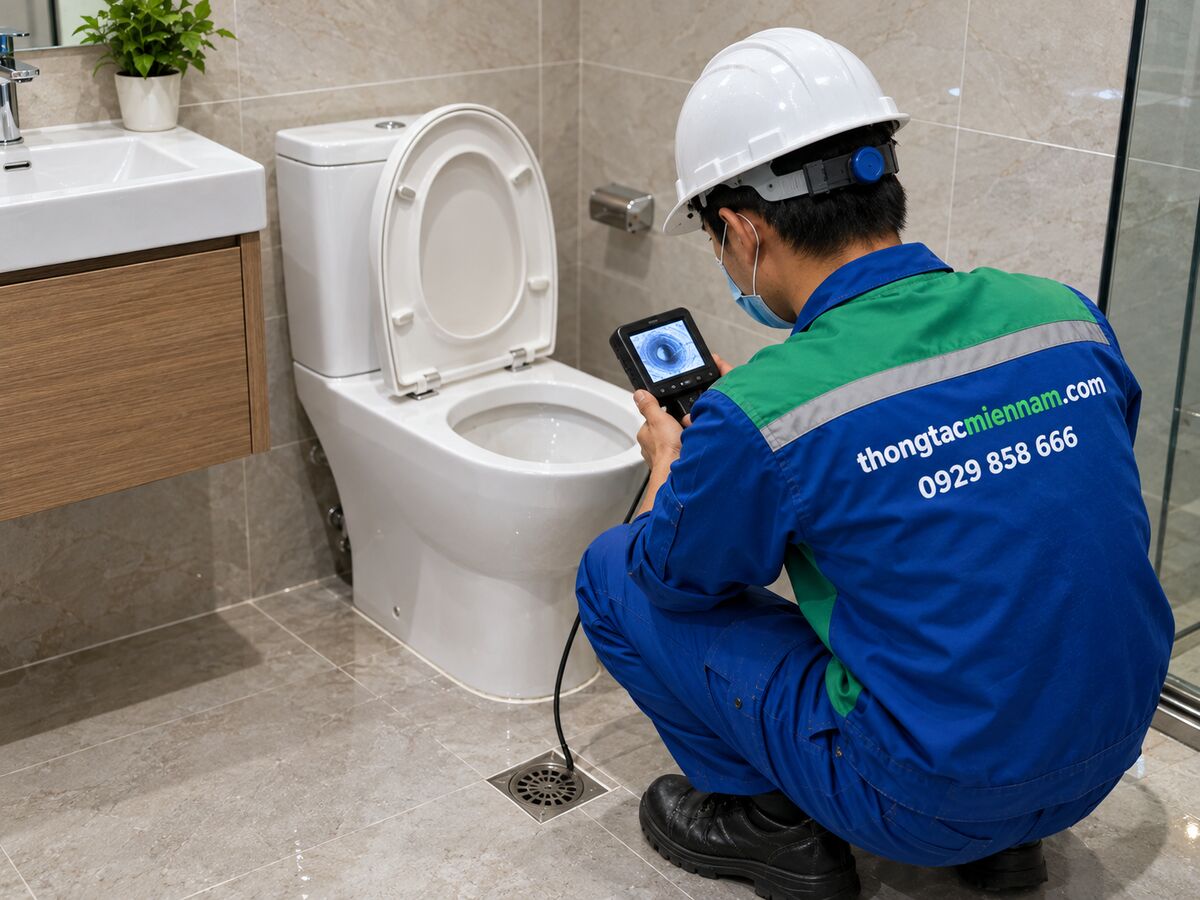 Kỹ thuật viên nội soi kiểm tra đường ống thoát nước