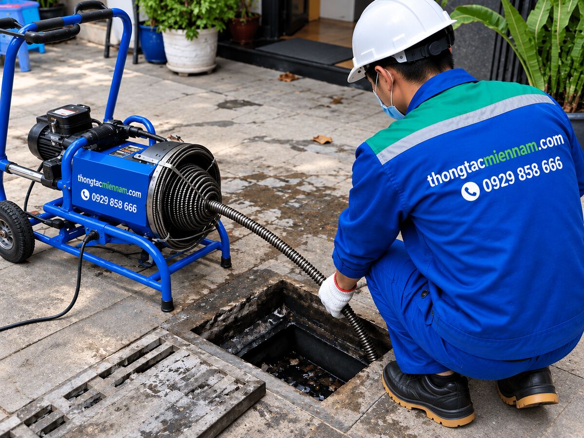Kỹ thuật viên thongtacmiennam.com thông cống nghẹt bằng máy lò xo chuyên dụng